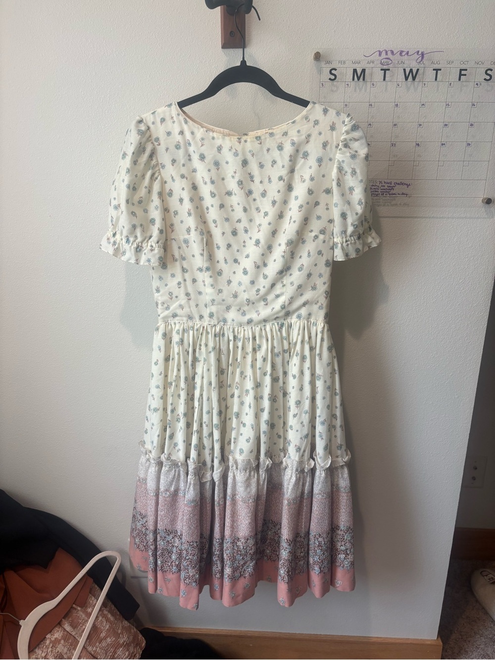 Vintage Cream Midi Dress with Pink Floral Border
